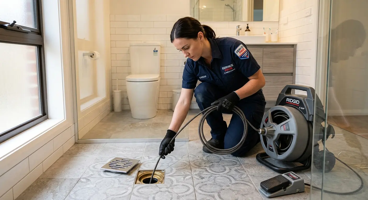 Technician clearing a bathroom floor drain for Hydro Jetting in Paris